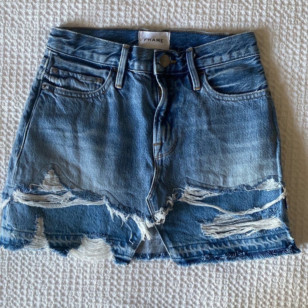 Frame Distressed Denim Mini Skirt